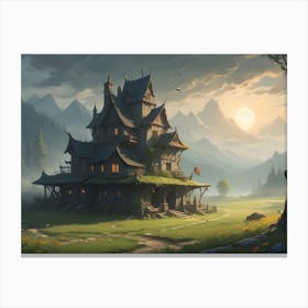 A Medieval Style House With A Thatched Roof Sits Amidst A Verdant Valley With Mountains In The Background Canvas Print