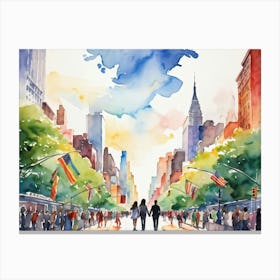 Watercolor Of A Manhattan Street Decked Out In Rainbow Hues For Pride Silhouettes Of A Joyous Gay C (1) Canvas Print