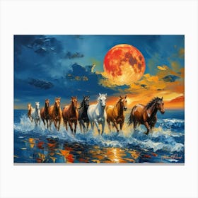 A Herd Of Horses Galloping Along The Shoreline Canvas Print