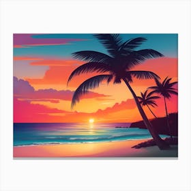 Illustration A Tranquil Beach Background Featuring Gentle Waves A Palm Tree Swaying In The Breeze And A Colorful Sunset Centered High Quality 3 2023102310206692 Ktcf Rwzo Canvas Print