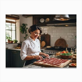 Candid Shot Of A Sophisticated Female Chef Just Slicing Up The Buttery Raw Bacon For A Tasting Ital (1) Canvas Print