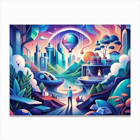 Futuristic Landscape With People And Flying Objects Canvas Print