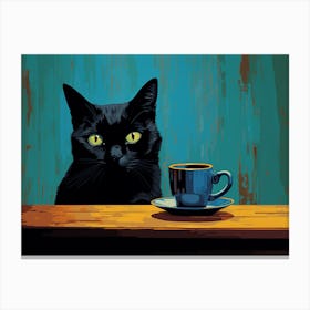 Black Cat With Cup Of Coffee Canvas Print