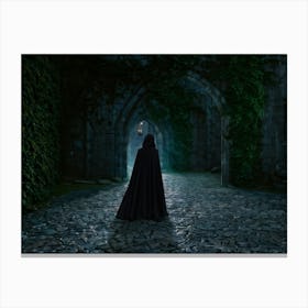 Gothic Woman Cloaked In Shadows Approaches A Sinister Medieval Castle Sunlight Piercing Through I Canvas Print