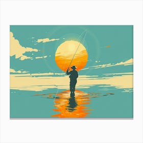 1970s Poster Style Vector Illustration A Man Standing In Water Fly Fishing, Wearing Wading Outfit, Swinging Up A Tall Fishing Pole, Lake Scene, Sun In Blue Sky With Clouds, Symmetrical 1 Toile