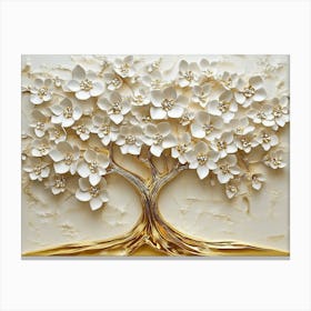 3d Golden Tree Life with White Flowers Canvas Print