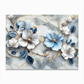 Art 3d Blue and White Flowers on A Marble Gray Background Canvas Print