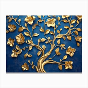 Elegant Gold and Royal Blue Floral Tree with Seamless Leaves and Flowers Hanging Branches Canvas Print