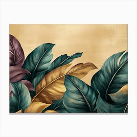 Vintage Tropical Green Brown Leaves, Beige Golden Texture Canvas Print