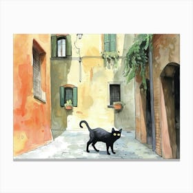 Black Cat In Reggio Emilia, Italy, Street Art Watercolour Painting 4 Canvas Print