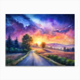 A Scenic Countryside View Featuring A Road And Th Canvas Print