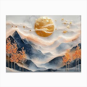 3d Modern Landscape Moon, Golden Christmas Trees, Colorful Mountains Canvas Print