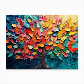 Colorful Tree with Vibrant Leaves and Butterflies Against a Painted Backdrop Canvas Print