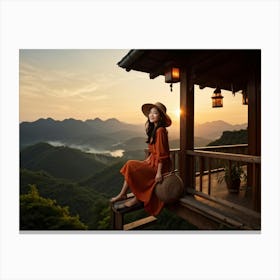 A Youthful Asian Woman Embodying Freedom Pleasure And Success Embarks On An Extreme Adventure P (1) Canvas Print