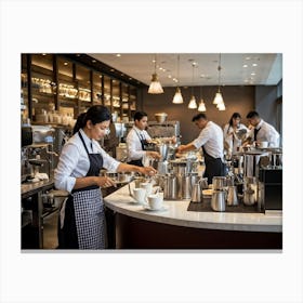 Cafeteria Interior Bustling With Activity Baristas In Checkered Aprons Preparing Espresso Drinks P (1) 2 Canvas Print