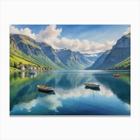 A Tranquil Lake Amidst Majestic Peaks Fjords Of Norway Canvas Print