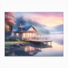 Cabin by Lake Painting Canvas Print