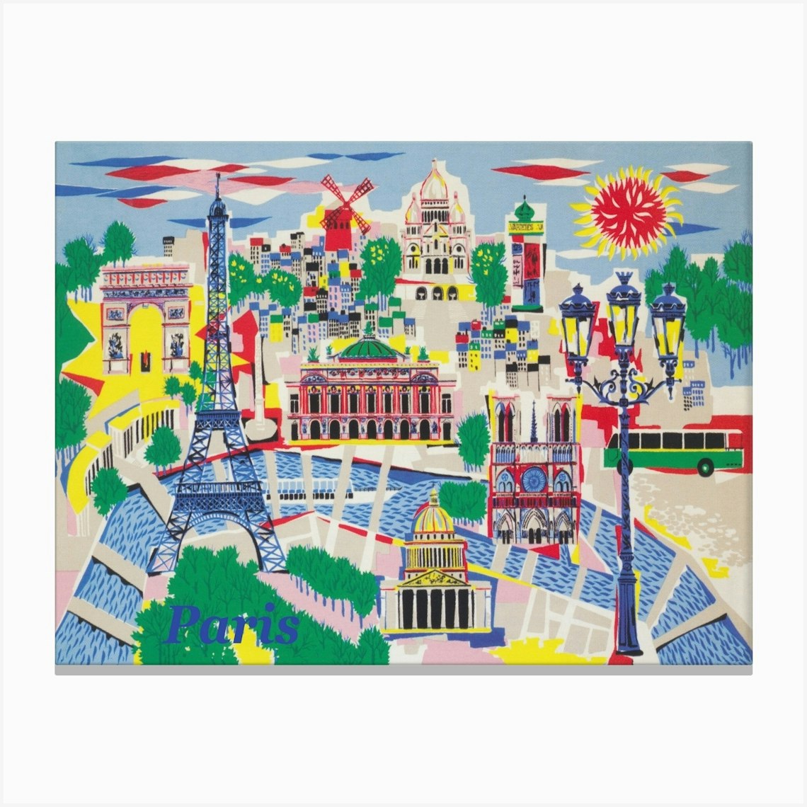Paris Map, Colorful Vintage Travel Poster Stampe su tela