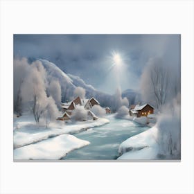 Winter Village in Snowy Landscape Canvas Print