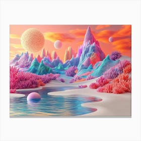 Vibrant 3d Landscape Art with Bright Coral Background and Fantasy Mountains Canvas Print