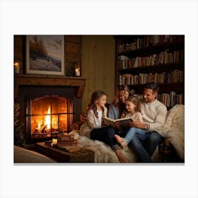 Cozy Room Interior In A Norman Rockwell Painting Style Family Of Four Engaged In A Shared Reading M (4) Canvas Print