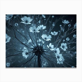 Abstract Image Of A Cluster Of Glowing White Flowers With Thin, Dark Stems, Resembling A Network Or Web Canvas Print