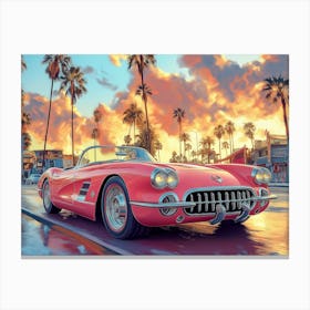 A Pink Convertible Corvette Driving Down The Street Of Hollywood, With Pastel Colors Canvas Print