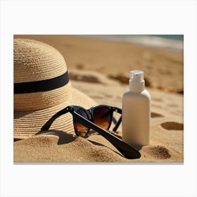 Hat And Sunglasses On The Beach Canvas Print