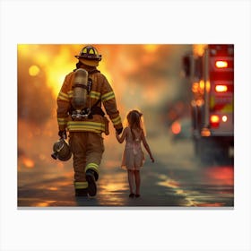 Firefighter Who Is 40 Years Old In Uniform With Oxygen Cylinder And Helmet; Walking With His Daughter Who Is 10 Years Old; In Backview; Firetruck In The Background; Vector; Ultra Realistic; Very Detailed Toile