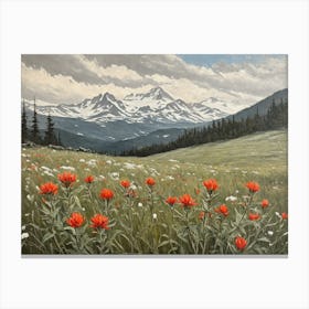 Vintage Oil Painting of indian Paintbrushes in a Meadow, Mountains in the Background 12 Canvas Print