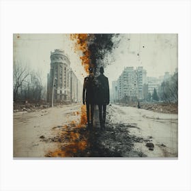 Temporal Resonances: A Conceptual Art Collection. Two Men Standing In A City Canvas Print