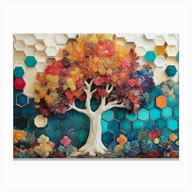 Dynamic On Oak Featuring A Whimsical Tree, White Lattice and Vibrant, Colorful Hexagons Canvas Print