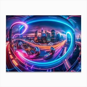 A Futuristic Cityscape At Night With Swirling Neon Lights, Skyscrapers, And Abstract Shapes, Creating A Sense Of Movement And Technological Advancement Canvas Print