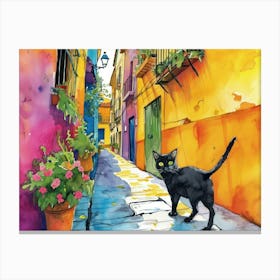 Valencia, Spain   Cat In Street Art Watercolour Painting 3 Canvas Print