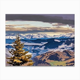 Mountain Landscape with Pine Tree in Alta Badia Italian Alps Dolomites. The image depicts a breathtaking mountain landscape with a single pine tree in the foreground. The tree stands tall against a backdrop of snow-capped peaks, layered with rolling hills and valleys. The sky is a mix of soft blues and grays, with wispy clouds adding depth and texture. The scene is bathed in a warm, golden light, suggesting a late afternoon or early evening setting. Canvas Print