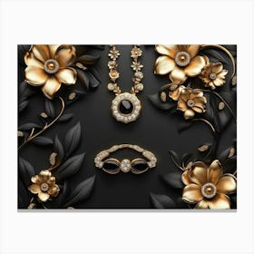 3d Golden Jewelry and Flowers in Black Canvas Print