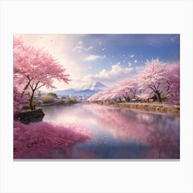 Pink River: A Magical Oil Painting of Cherry Blossoms and Mount Fuji Canvas Print