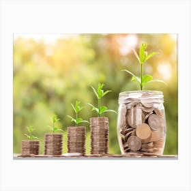 Jar Of Coins With A Plant Canvas Print