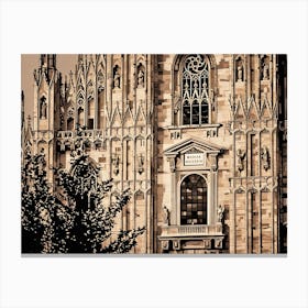 Gothic Cathedral Facade of Duomo of Milan. Cattedrale Metropolitana della Natività della Beata Vergine Maria. The image showcases a detailed close-up of a grand Gothic cathedral facade, rendered in a stylized, almost cartoon-like manner. The building is constructed from light-colored stone, featuring intricate carvings, pointed arches, and numerous windows with stained glass. 3 Canvas Print