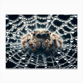Cute Spider in Web covered with rain drops Canvas Print