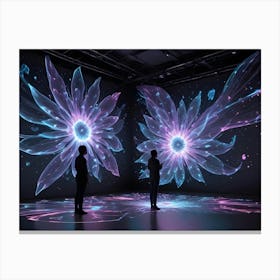 Two Figures Stand Before Large, Glowing Flowers In An Enclosed, Dark Space, Highlighting Digital Art And Technological Creativity Canvas Print