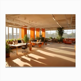 Modern Office Interior With Orange Walls, Large Windows And Plenty Of Plants Canvas Print