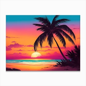 A Tranquil Beach At Sunset Horizontal Illustration 23 Canvas Print
