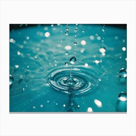 Close Up Shot Of Water Droplets On A Teal Surface, With One Large Droplet In The Center And Smaller Droplets Scattered Around It Canvas Print