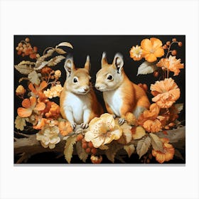 Red Squirrels In Autumn Floral Harmony Canvas Print