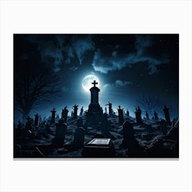 A Haunting View Of A Tomb Silhouetted Against The Night Sky A Gravestone With The Cross Engraved W (7) Canvas Print