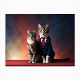 Two Cats, One Wearing A Blue Suit And Red Tie, Posing Seriously On A Red Surface Against A Dramatic Red And Blue Background Canvas Print