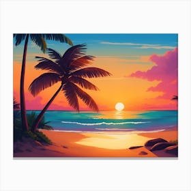 A Tranquil Beach At Sunset Horizontal Illustration 30 Canvas Print