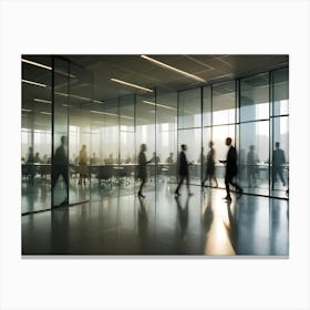 Silhouettes Of Businesspeople Walking Through A Modern Office Building With Glass Walls, Suggesting A Busy And Dynamic Work Environment Canvas Print