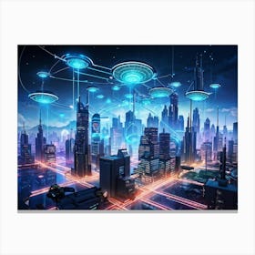 A Digital Painting Of A Globally Networked Cityscape Futuristic Ai Central Node Glowing With Connec (1) Canvas Print